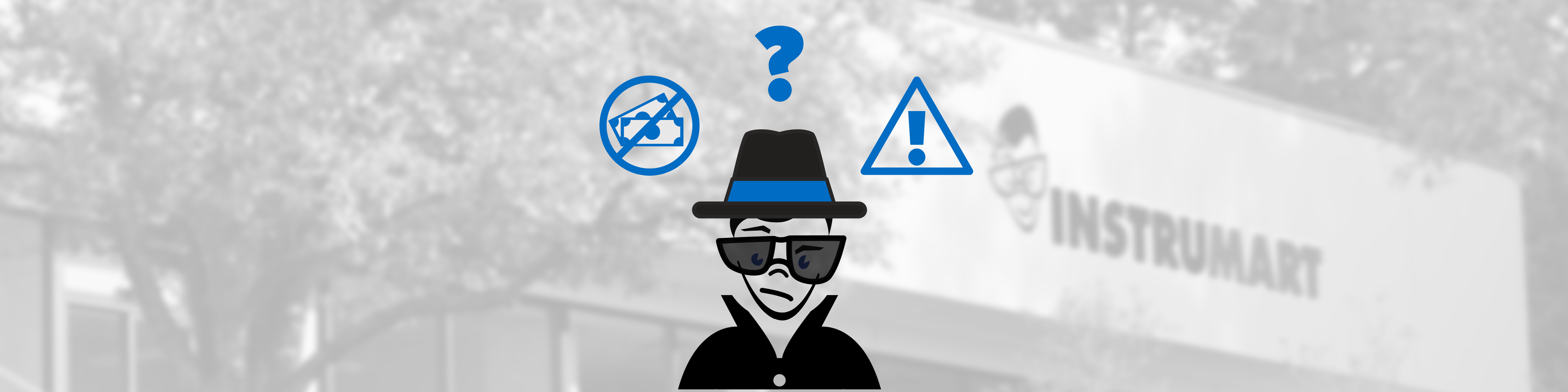 Image of an imposter of Instrumart's logo, Marty, wearing sunglasses, a trench coat, and a fedora.
