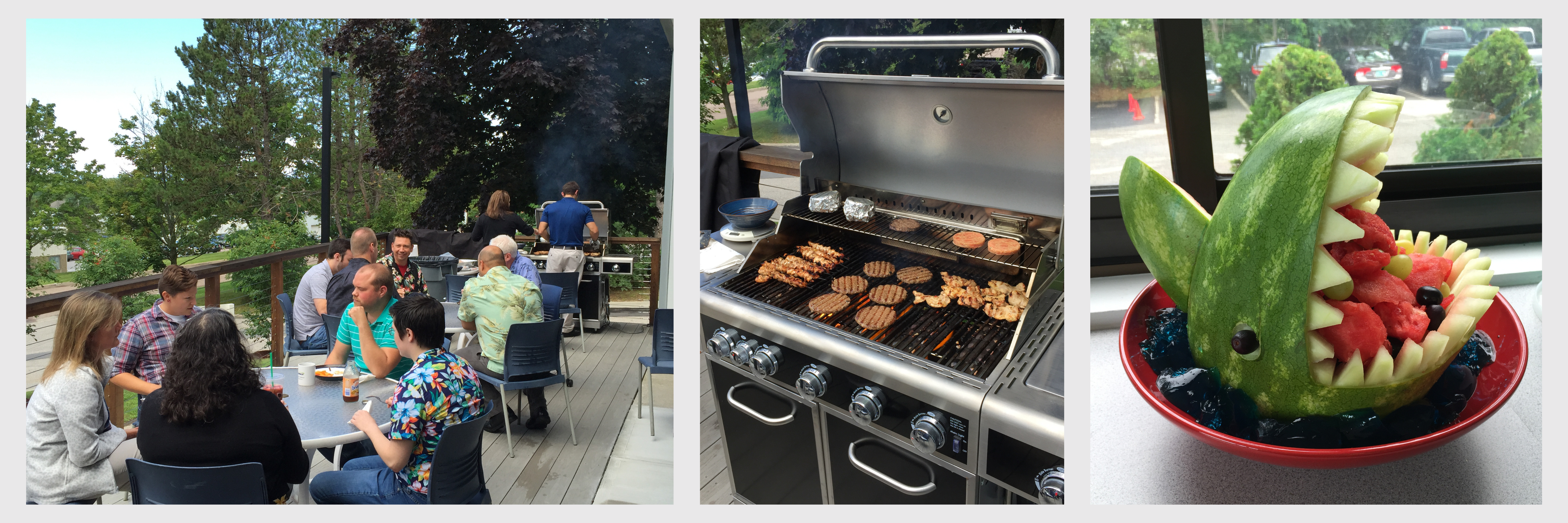 Photos of Instrumart employees enjoying a summer barbecue meal at the office.